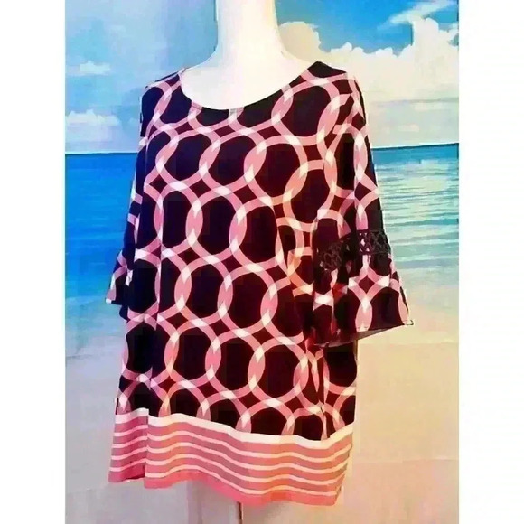 CROWN & IVY Woman's NAVY BLUE and PINK Shirt TUNIC Top RUFFLE Sleeves size 3x - Picture 2 of 5